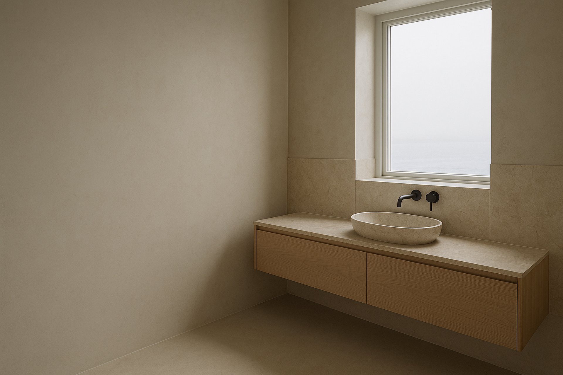 Serene coastal bathroom with a floating oak vanity, matte fixtures and soft sea light