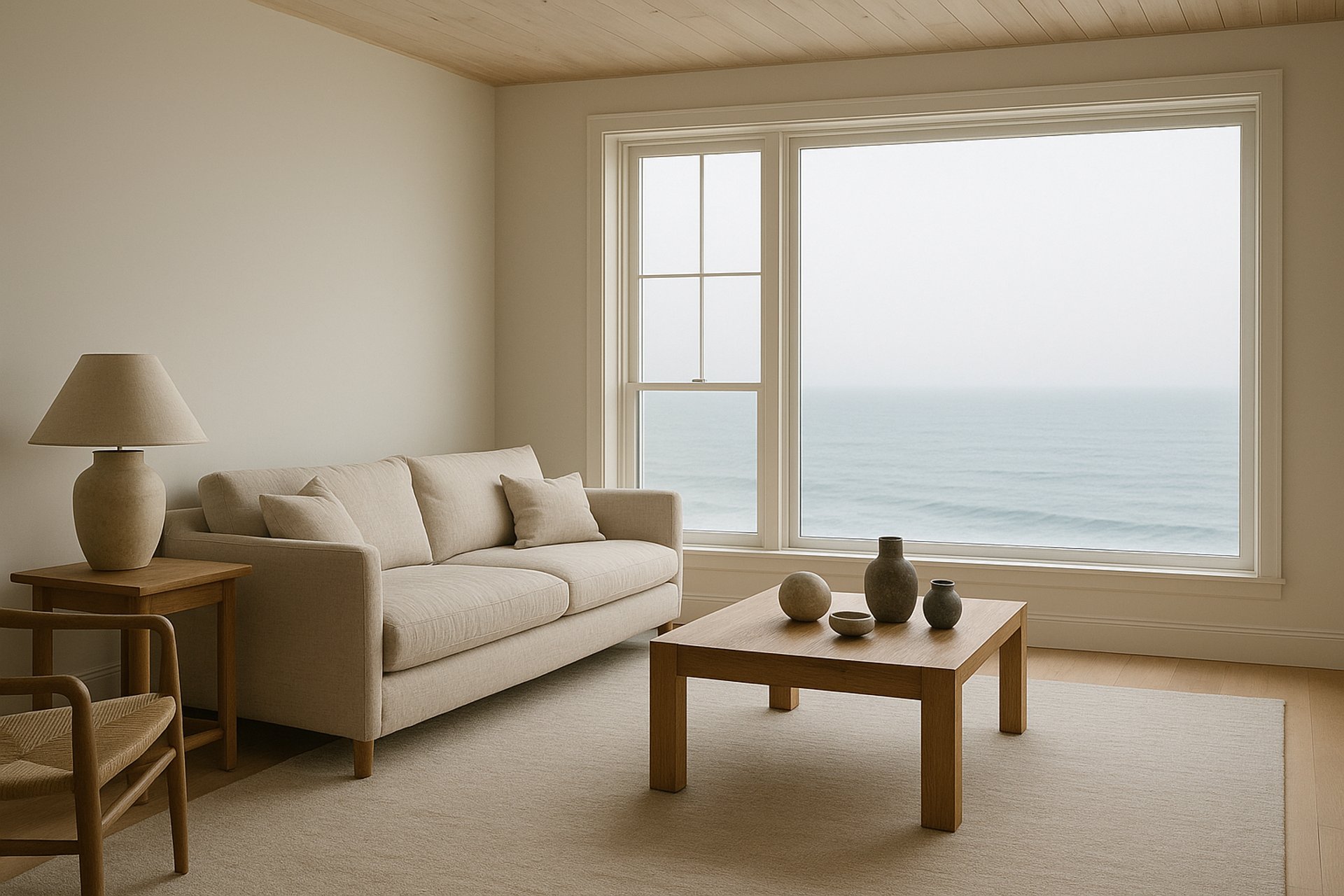 Calm coastal living room styled with restraint and framed by sea light