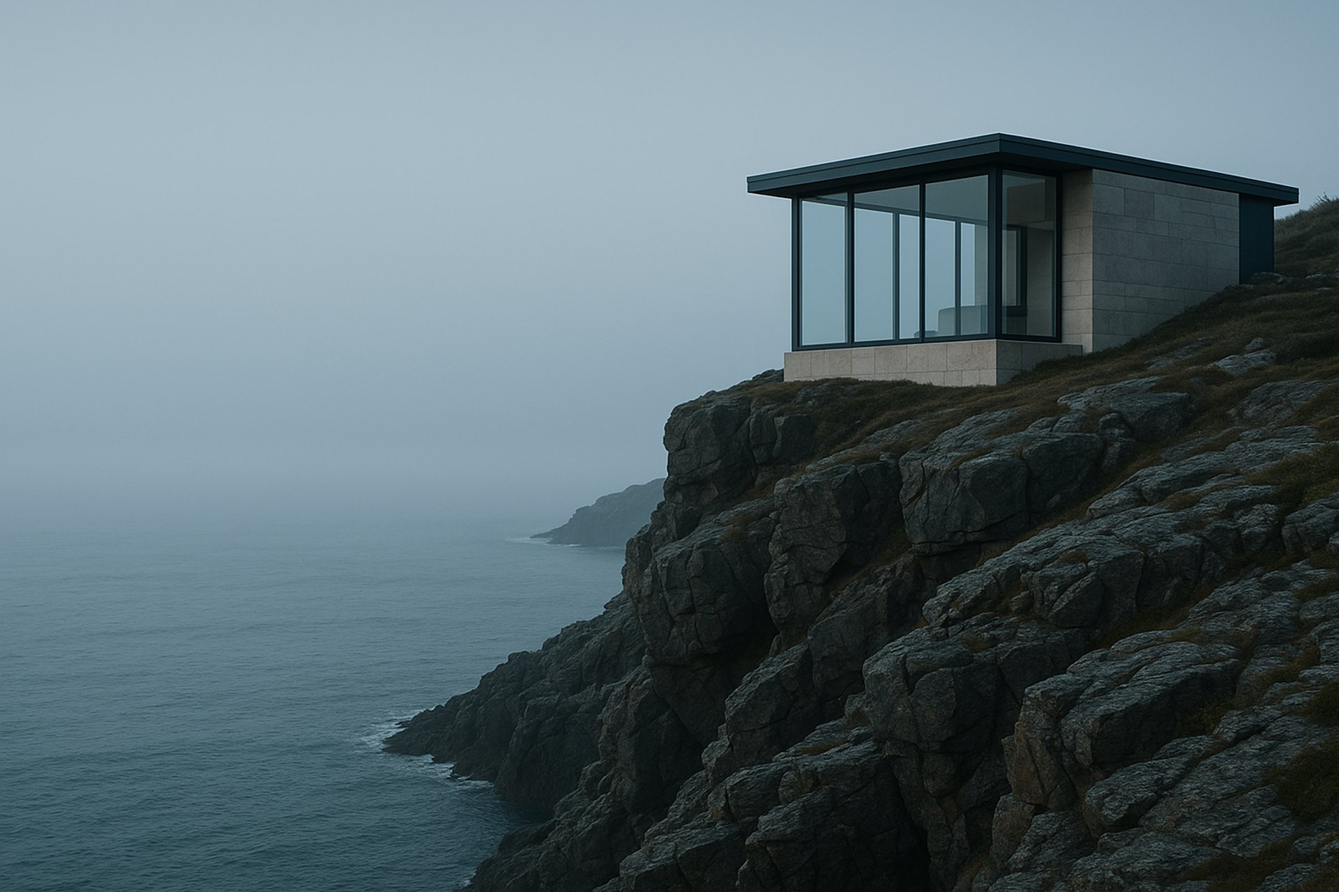 Contemporary glass-and-stone home on an Atlantic clifftop above a calm misty sea